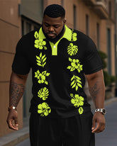 Fluorescent Green Polo Shirt Trousers Suit Men's Plus Size